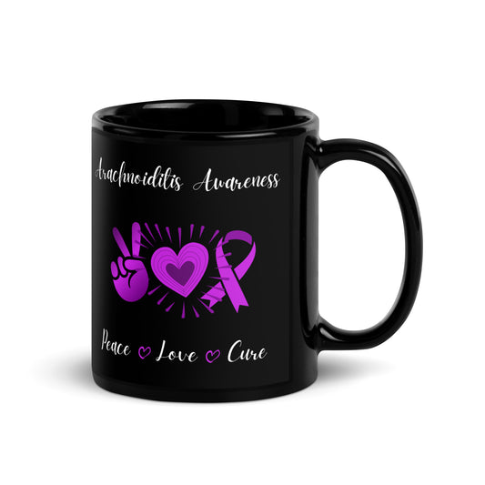 11oz or 15oz Arachnoiditis Awareness Peace Love Cure Black Glossy Mug