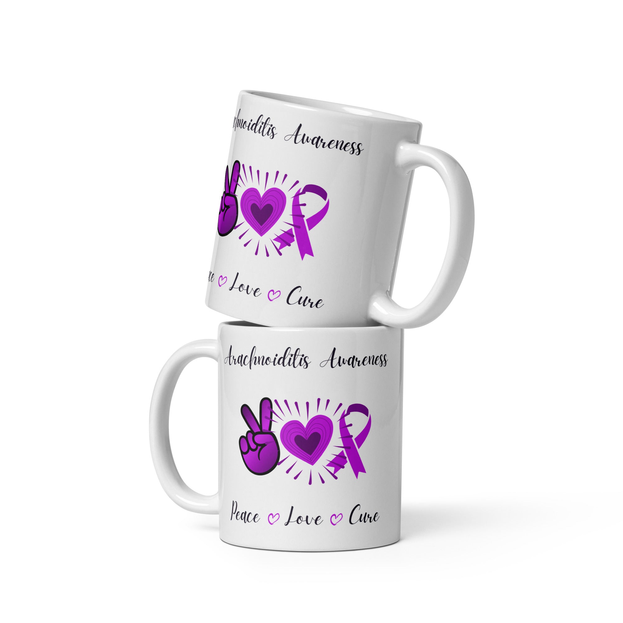 11oz, 15oz, Or 20oz Arachnoiditis Awareness Peace, Love, Cure White Gl ...