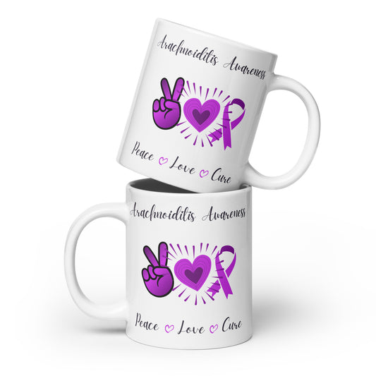 11oz, 15oz, or 20oz Arachnoiditis Awareness Peace, Love, Cure White glossy mug